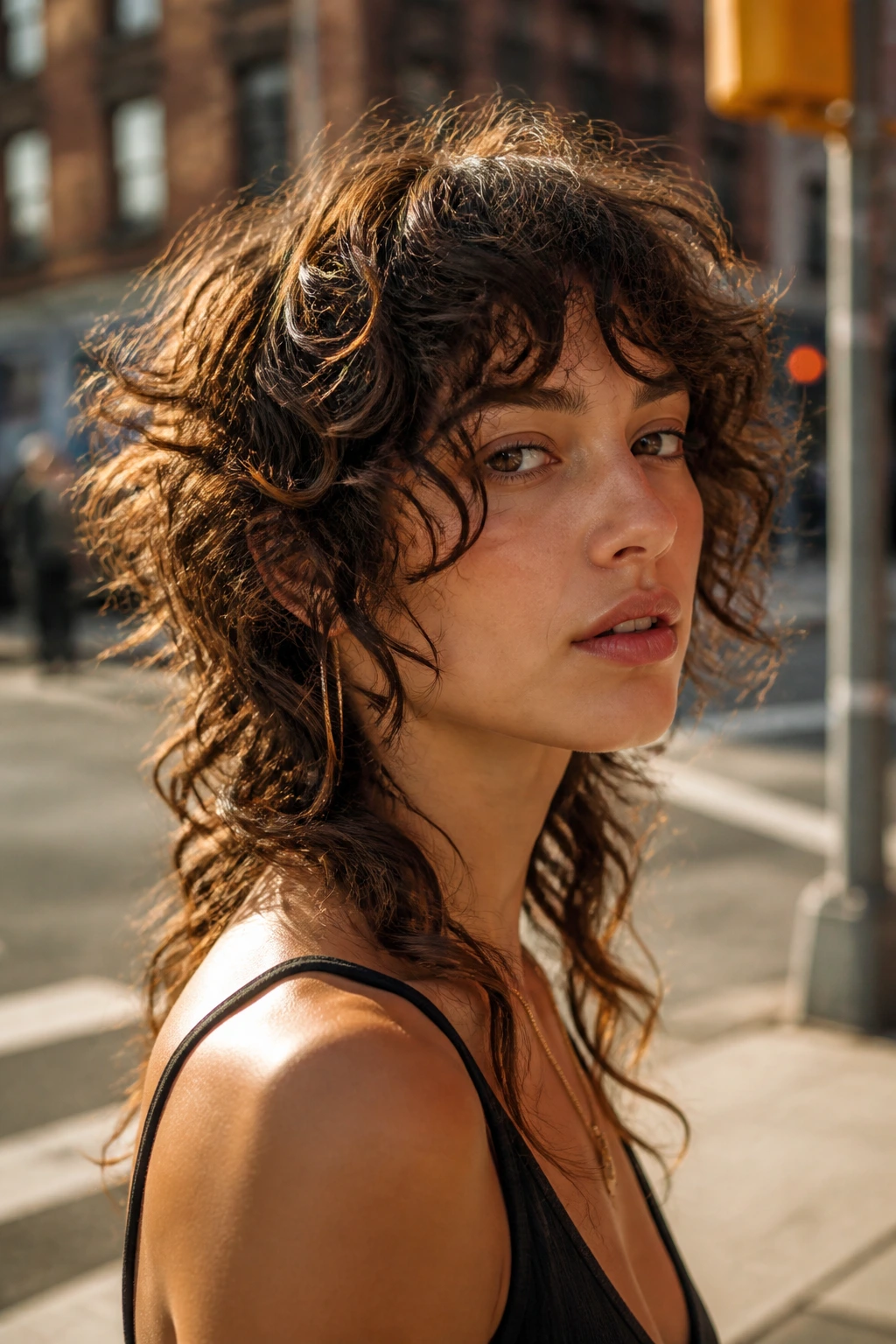 Close-up of a real woman with curly wolf cut and soft face pieces
