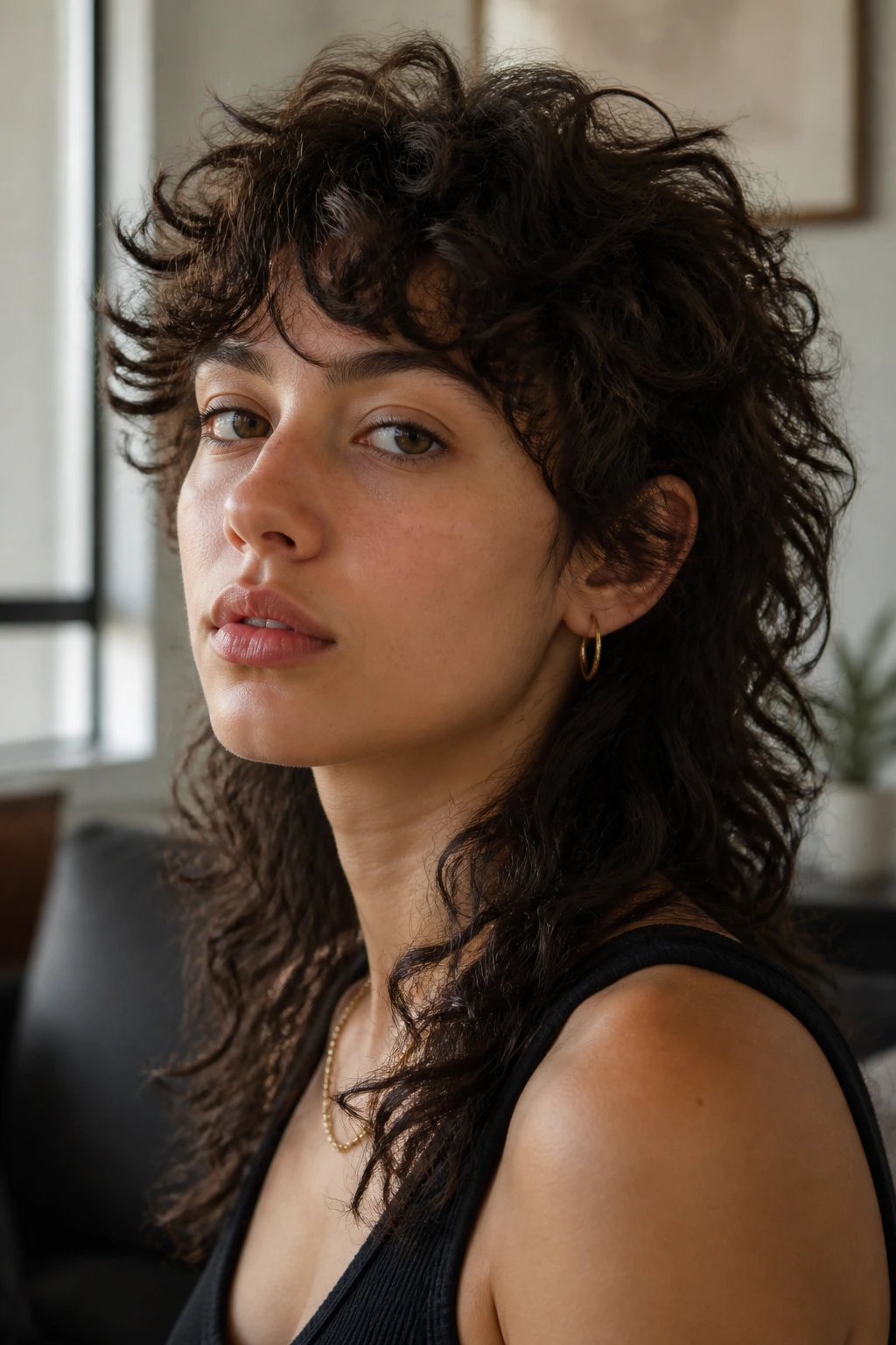 Real woman with curly wolf cut in urban interior lighting