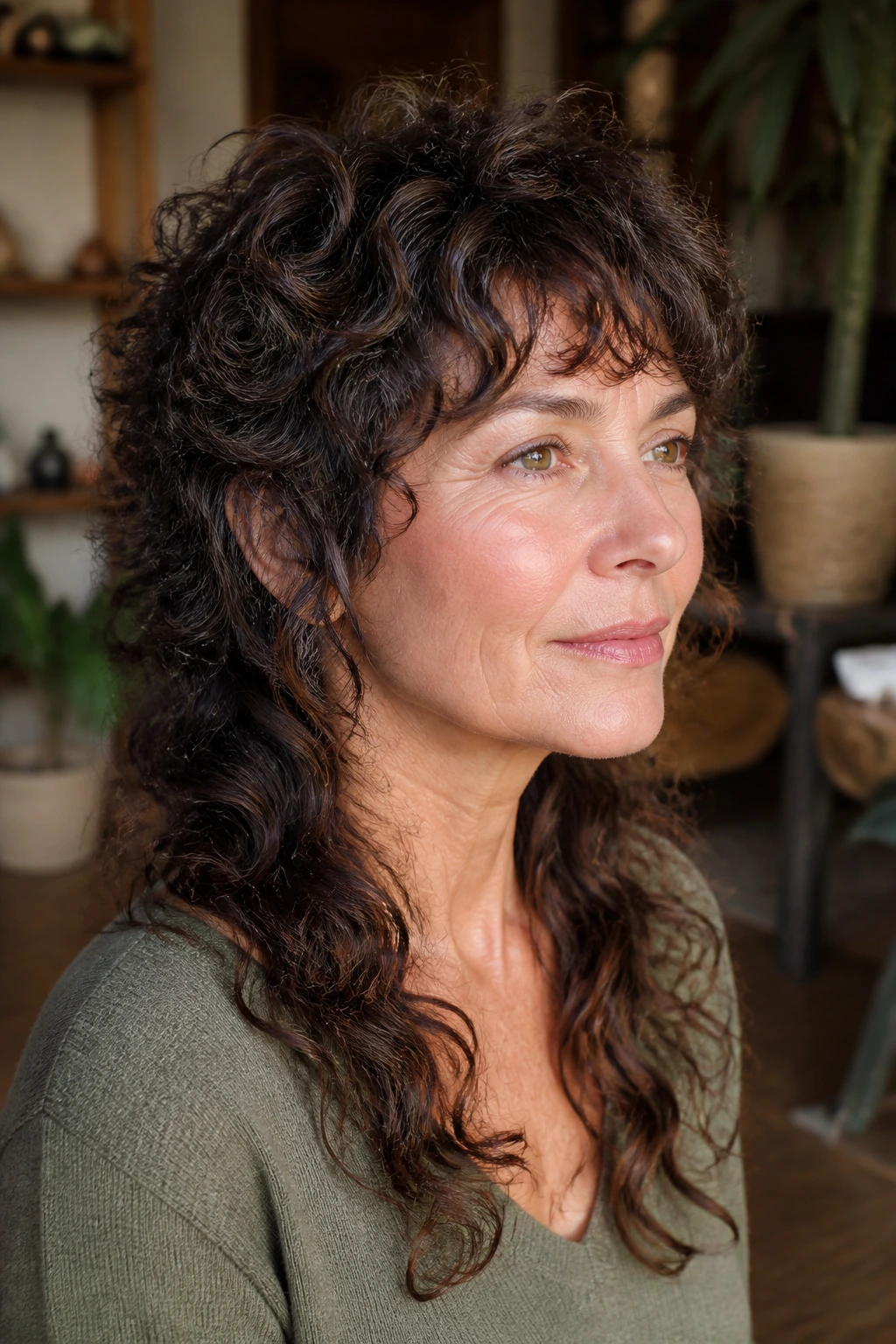 Three-quarter portrait of a real woman with curly wolf cut and soft edges