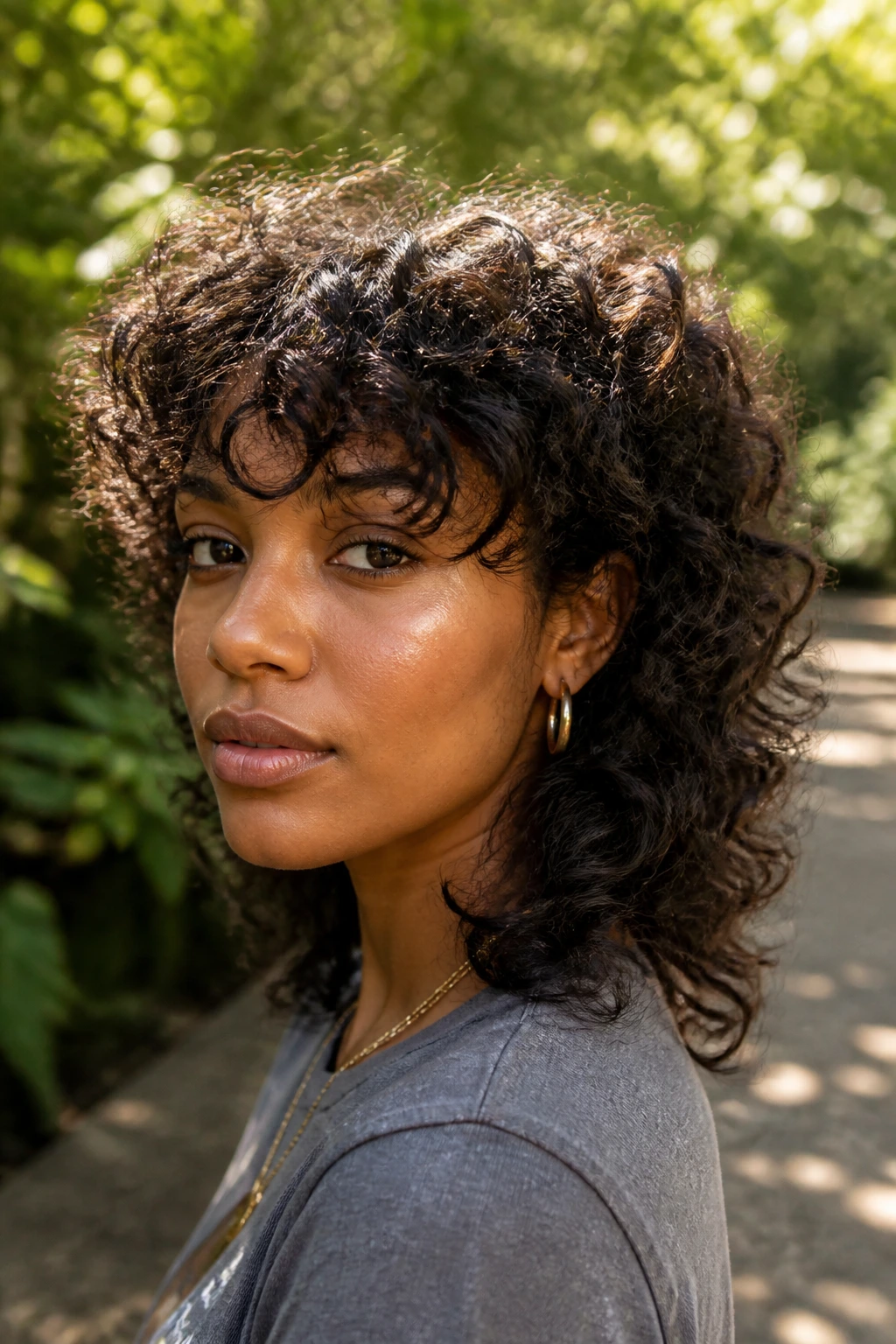 Portrait of a real Black woman with a curly wolf cut and lifted crown