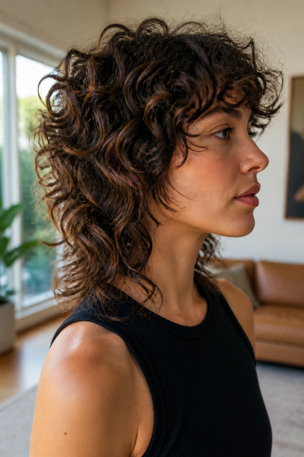 Medium-close portrait of a woman with a curly wolf cut and airy ends