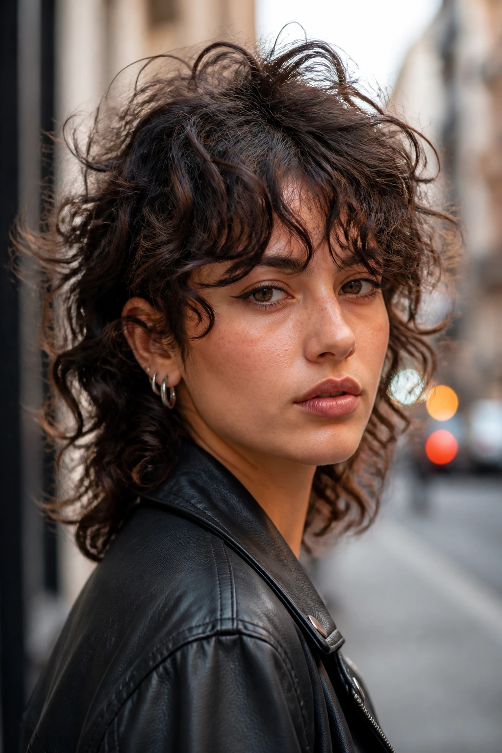 Close-up of a woman with curly wolf cut and airy curtain bangs on a city street.