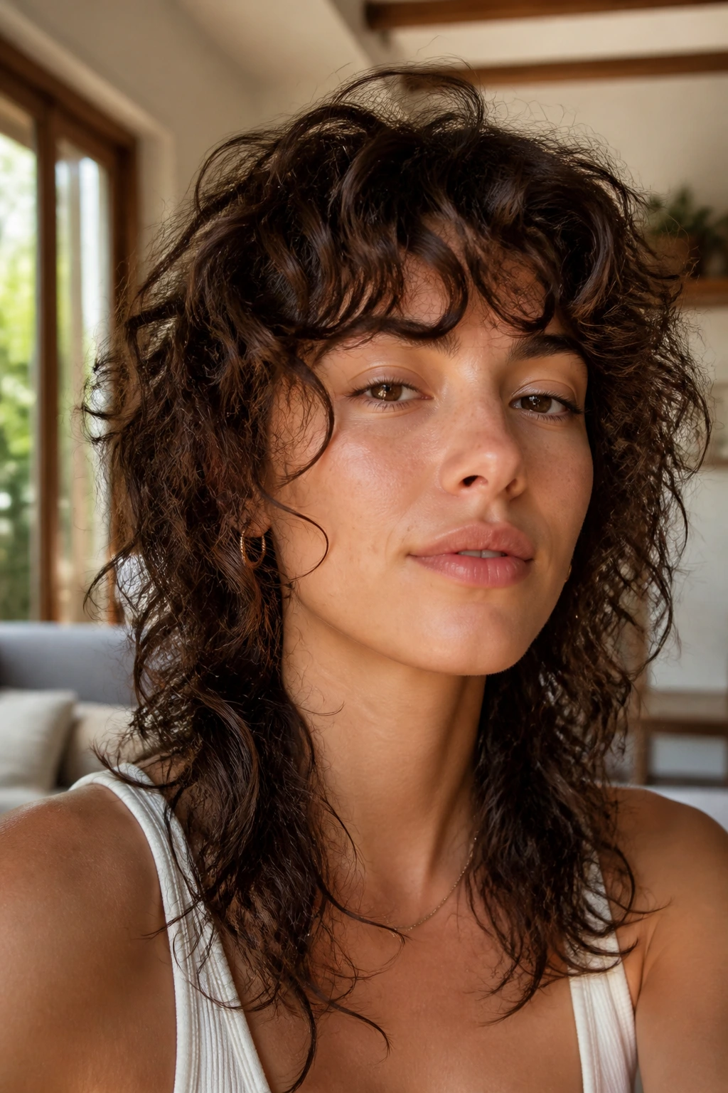 Close-up portrait of a real woman with Curly Wolf Cut with Broken-Up Ends, heart-shaped face and soft face-framing curls.