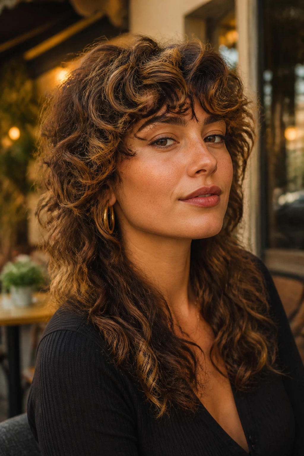 Portrait of a real woman with a curly wolf cut and spiced caramel highlights on top