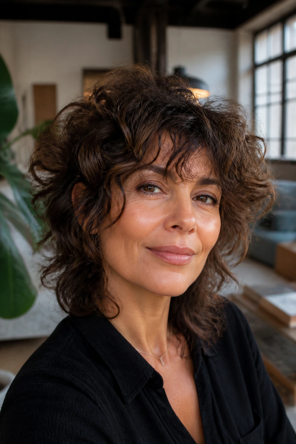 Close-up of a real woman with a curly wolf cut showing crown lift