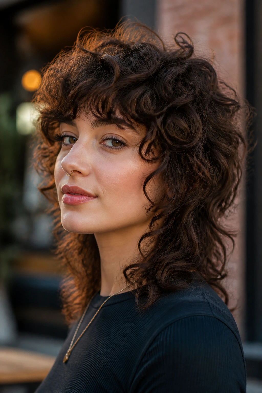 Close-up of a woman with a curly wolf cut showing short top and longer bottom.