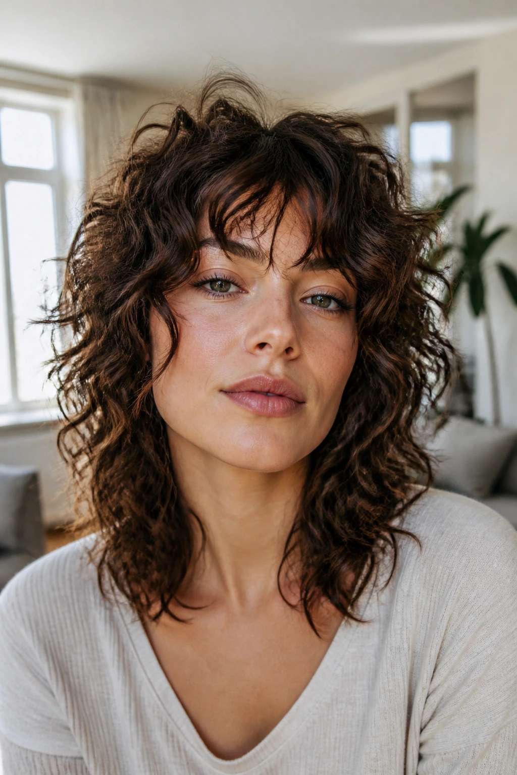Close-up portrait showing a curly wolf cut with cheekbone-length layers