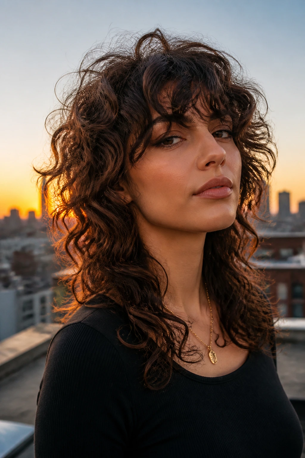 Close-up portrait of a woman with curly wolf cut.