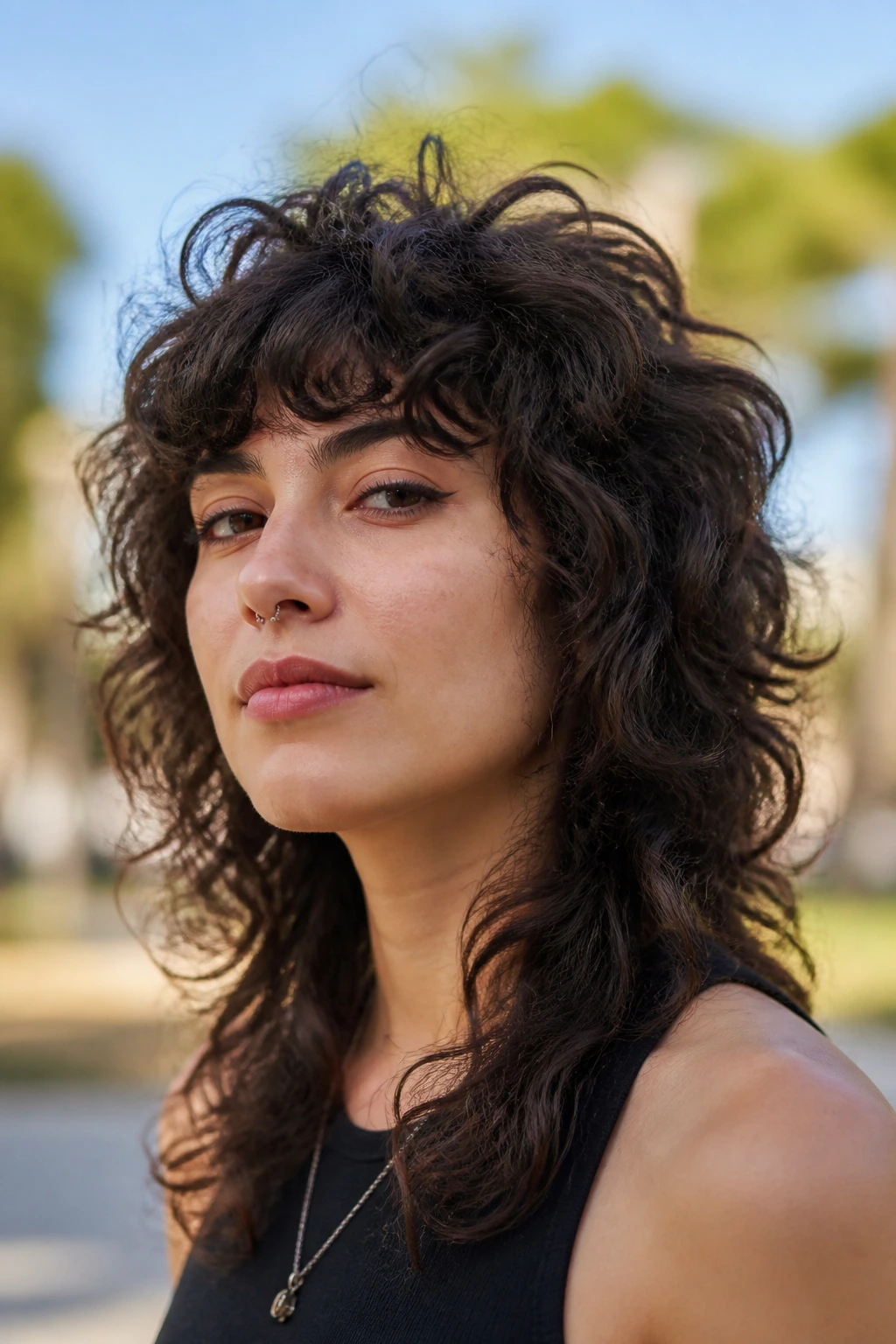 Close-up portrait of a real person showing a curly wolf cut with voluminous crown layers