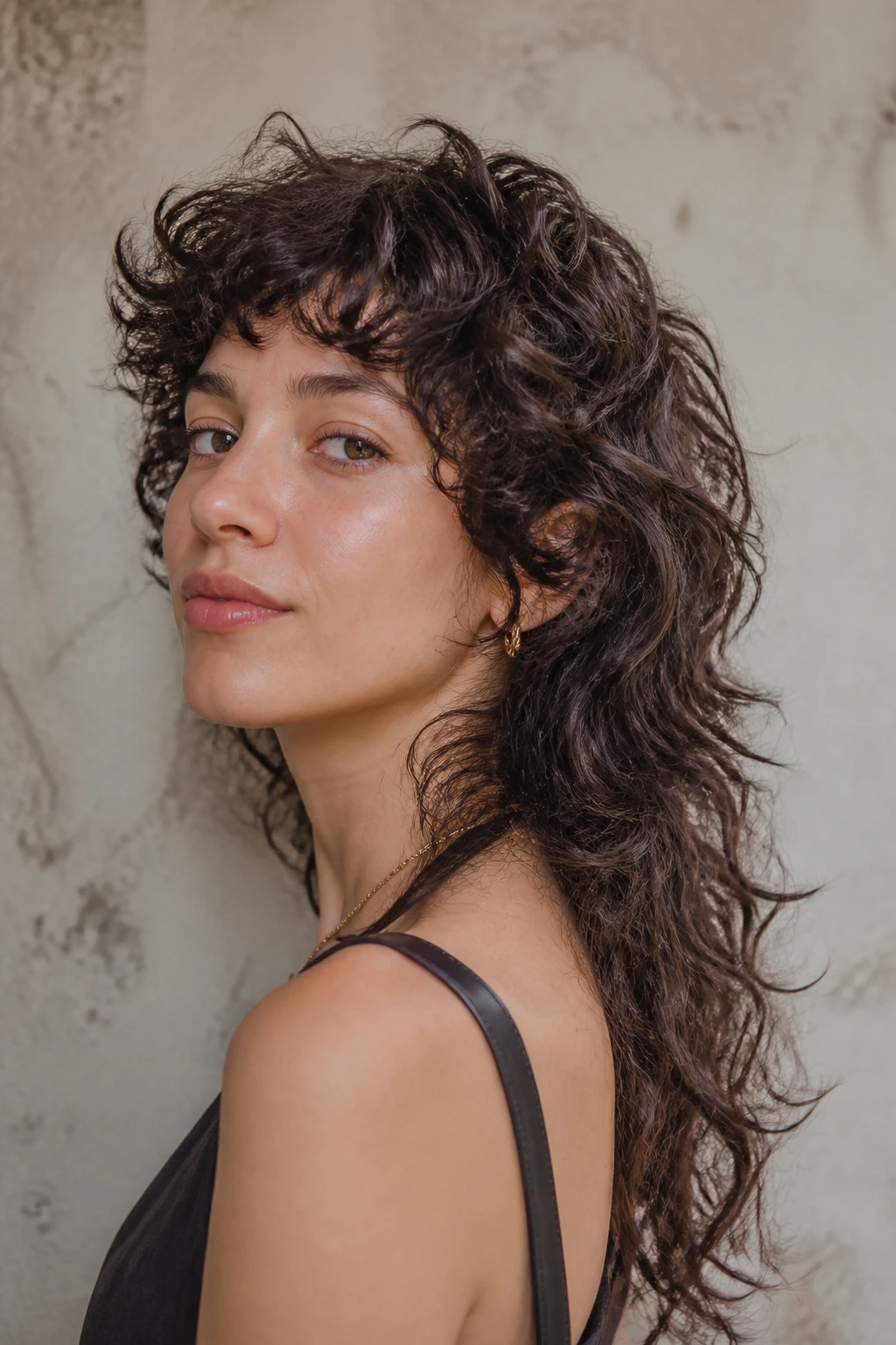Close-up of curly wolf cut with a long tail on a real woman.