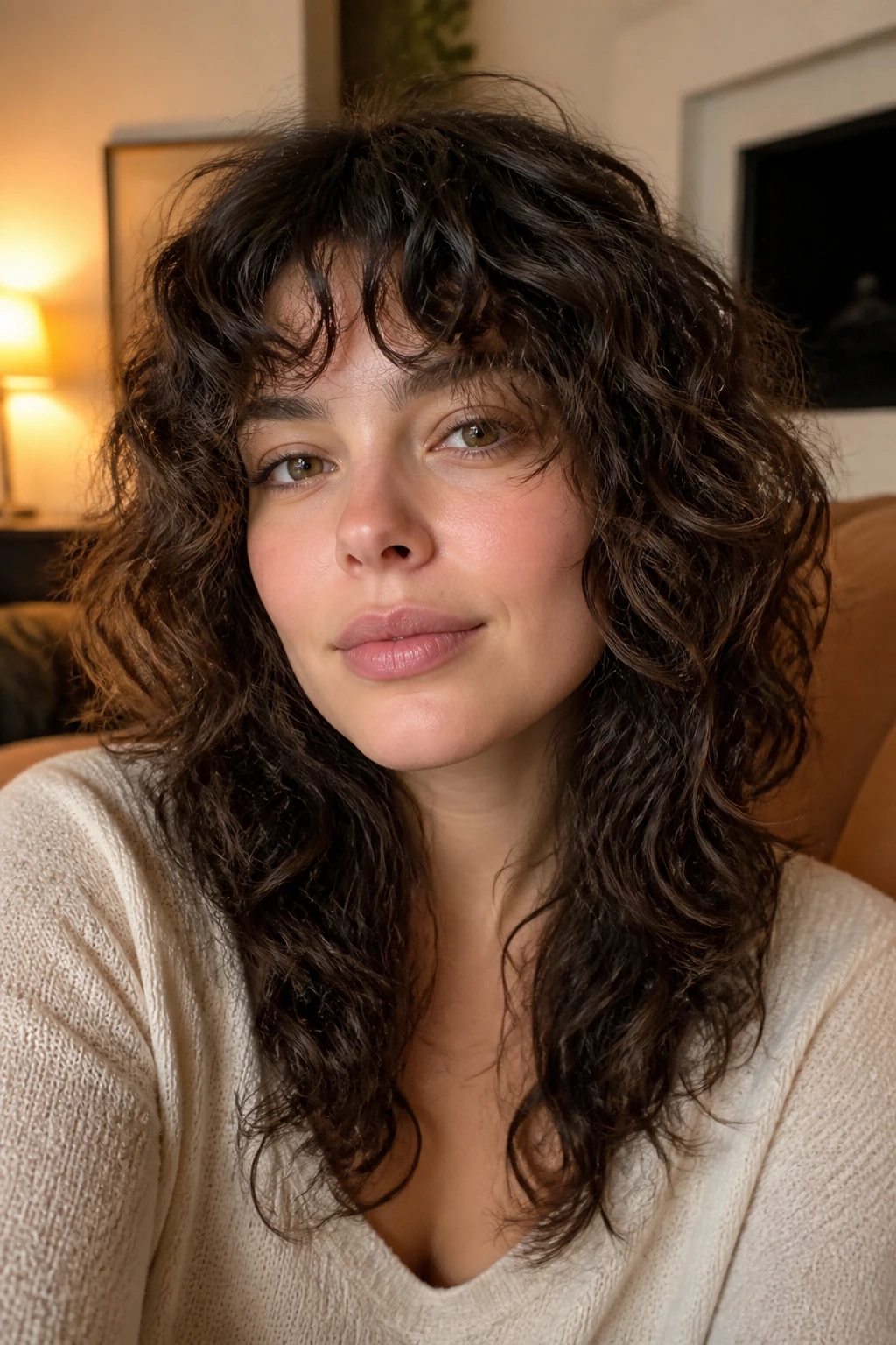 Portrait of a real woman with curly wolf cut and longer perimeter