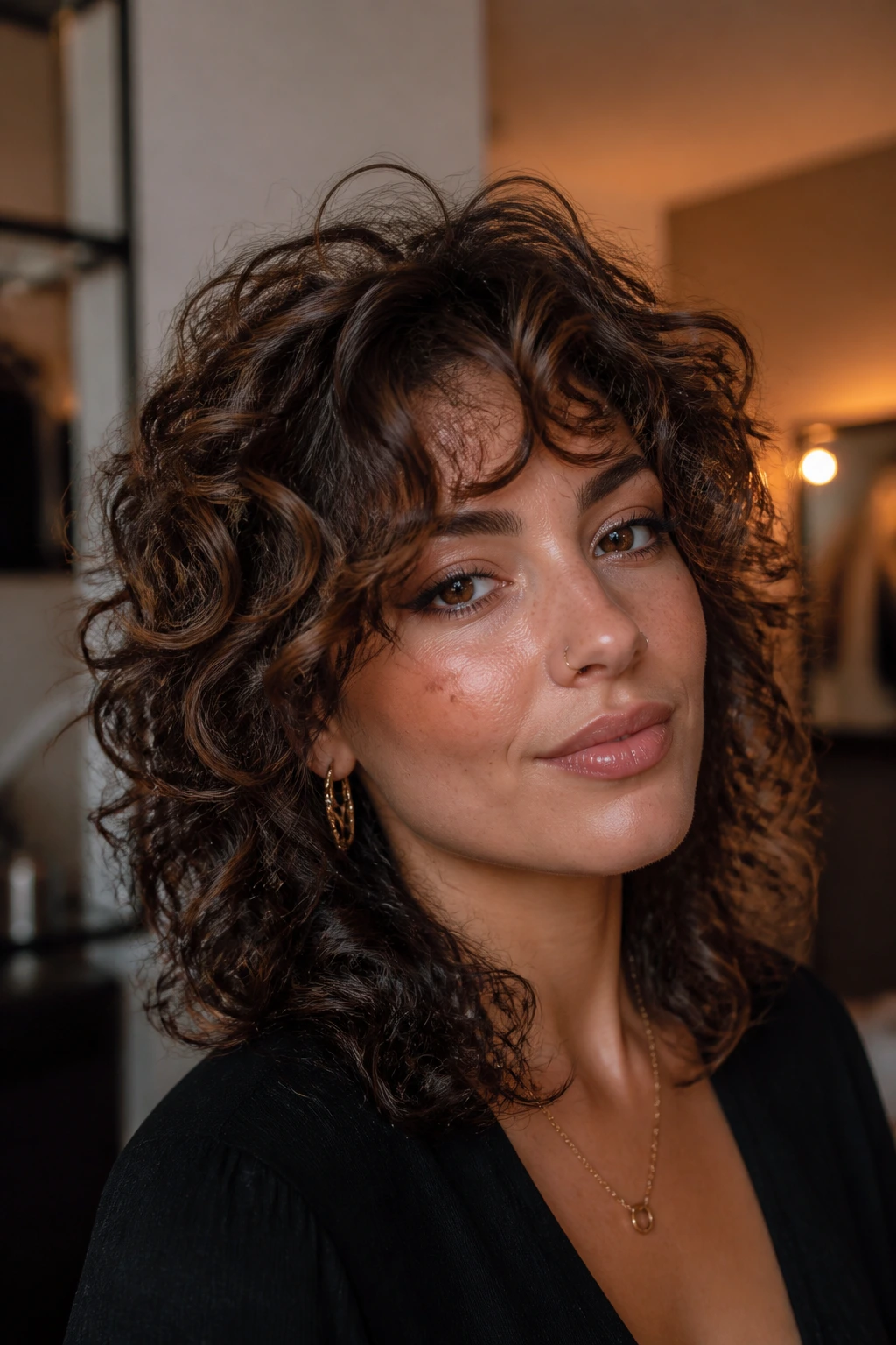 Close-up of a real woman with curly wolf cut and chestnut lowlights.