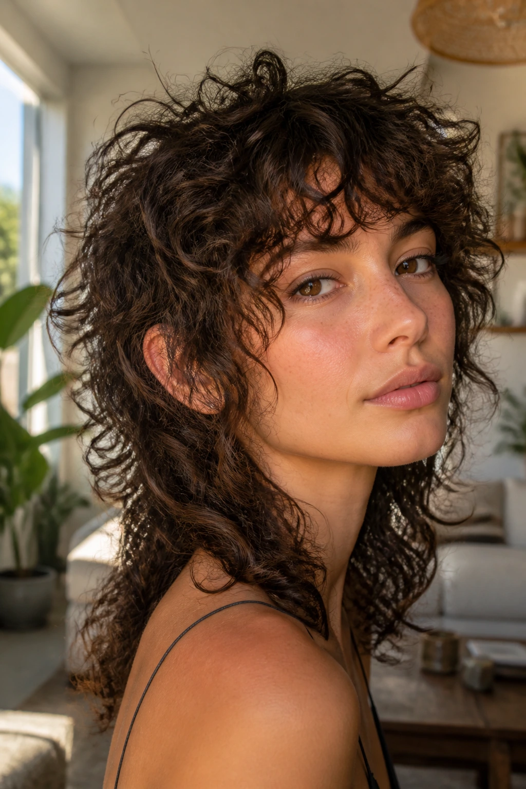 Close-up portrait of a real woman with a curly wolf cut in a sunlit room