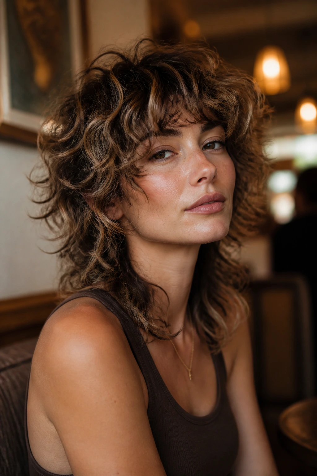 Close-up portrait of a real woman with a curly wolf cut and smoked cocoa lowlights