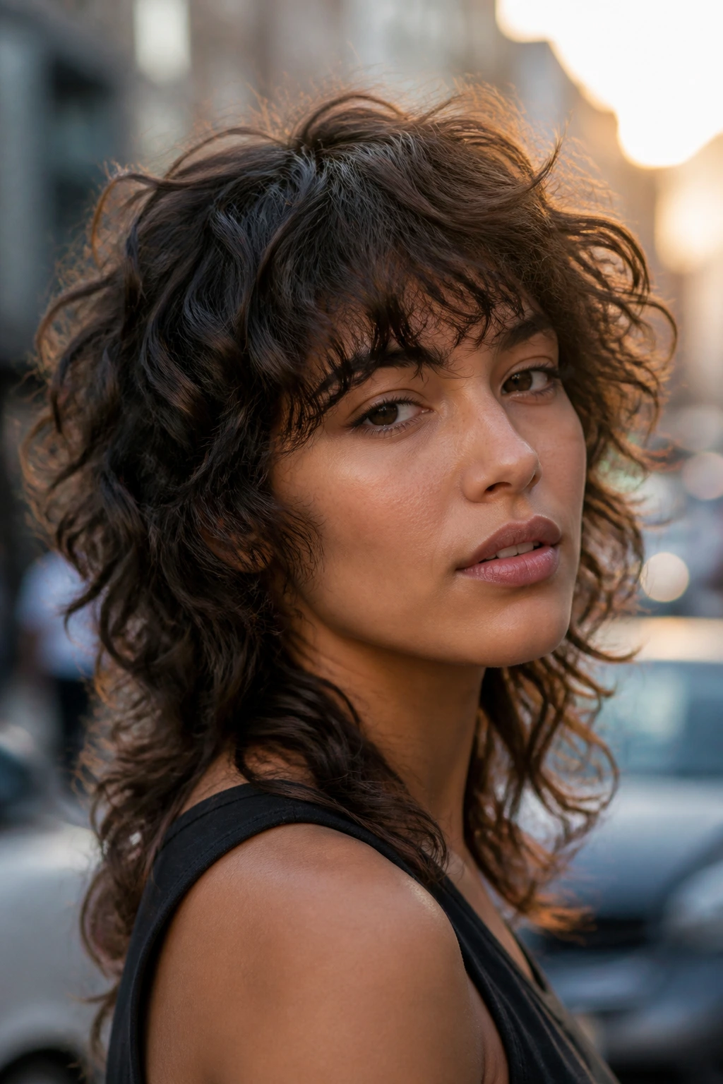 Portrait of woman with curly wolf cut