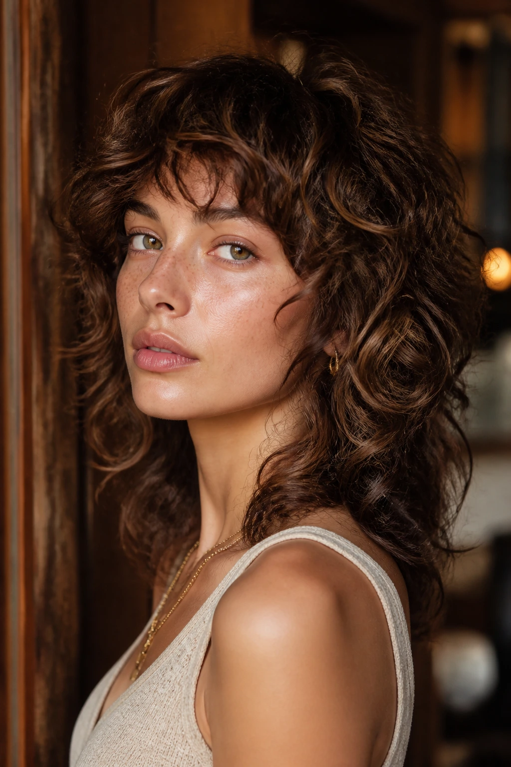 Portrait of a woman with curly wolf cut and walnut depth