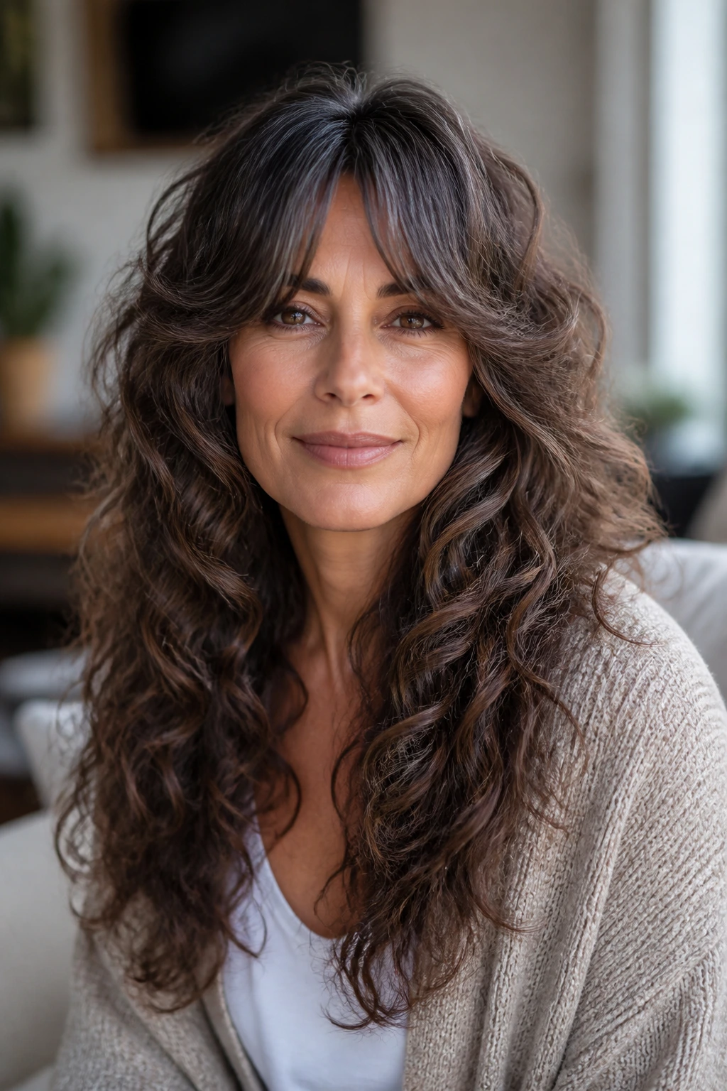Close-up portrait of a real woman with long curly layers and curtain bangs in warm natural light