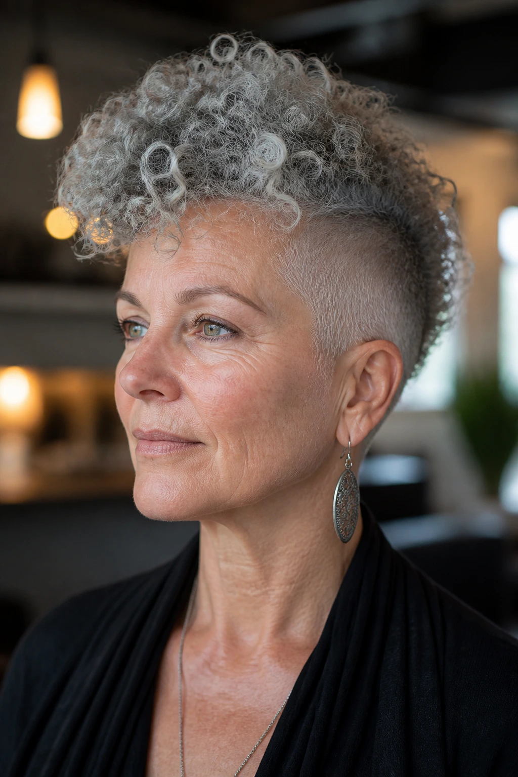 Portrait of a real woman with curly pixie-mohawk in urban loft lighting