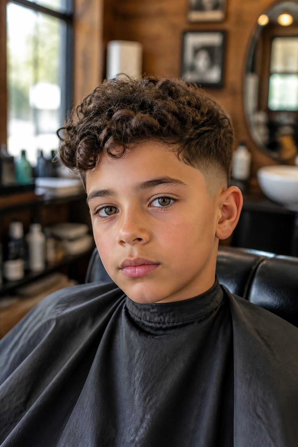 Portrait of a preteen boy with balanced curls and tapered sides in a barber chair
