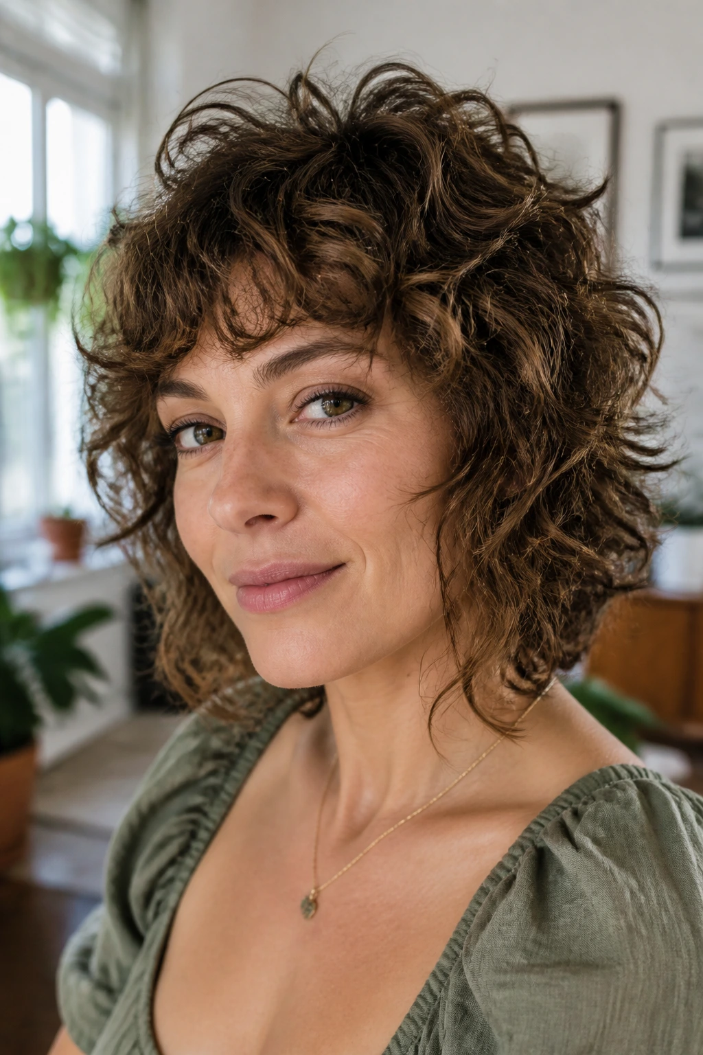 Close-up portrait of a real woman with curly shag and crown lift.