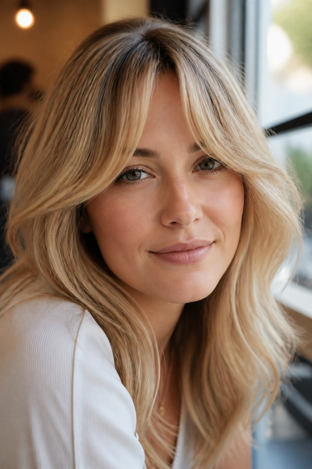 Close-up of a real woman's curtain bangs curling away from the face in a soft arc.