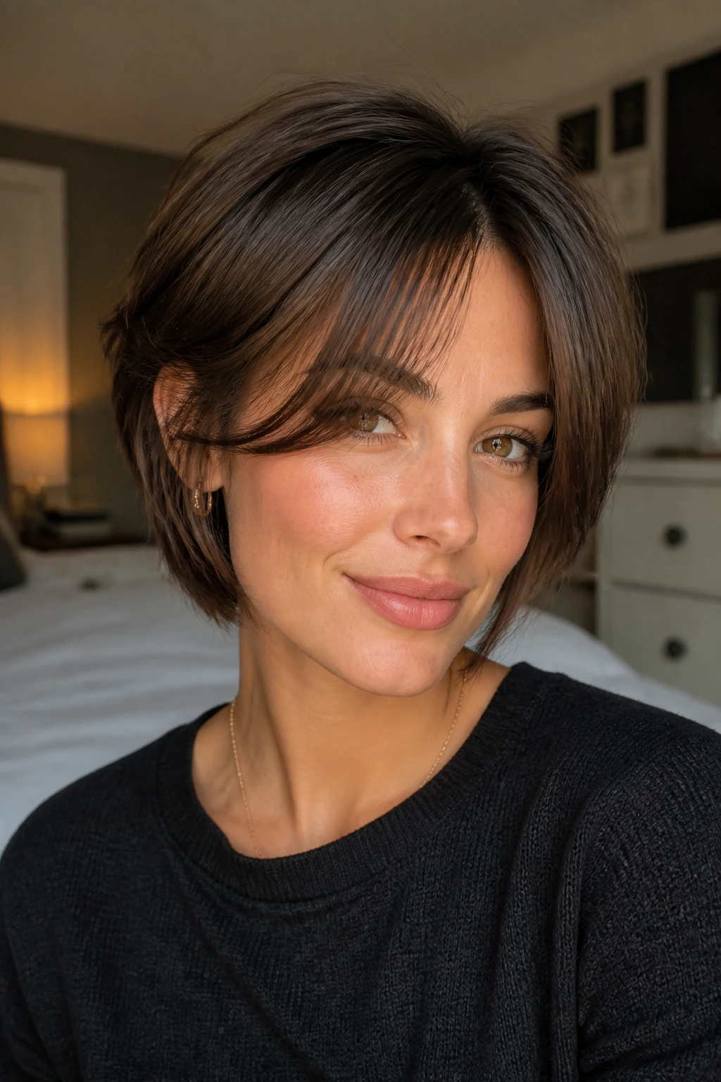 Close-up of a real woman with curtain-bang bixie hairstyle and soft face-framing.