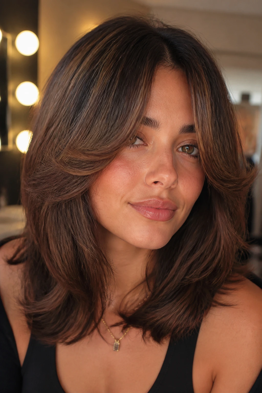 Portrait of a person with curtain-bang blowout framing the cheeks