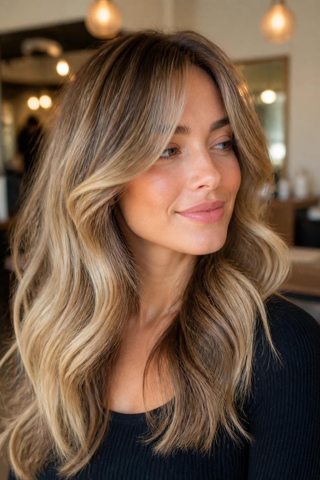 Close-up of woman with curtain bangs and blowout waves