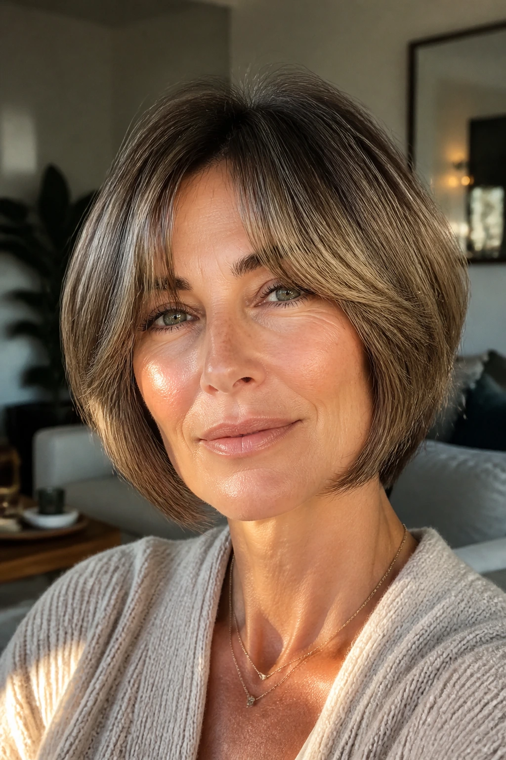 Close-up portrait of a real woman with curtain bangs and rounded layers.