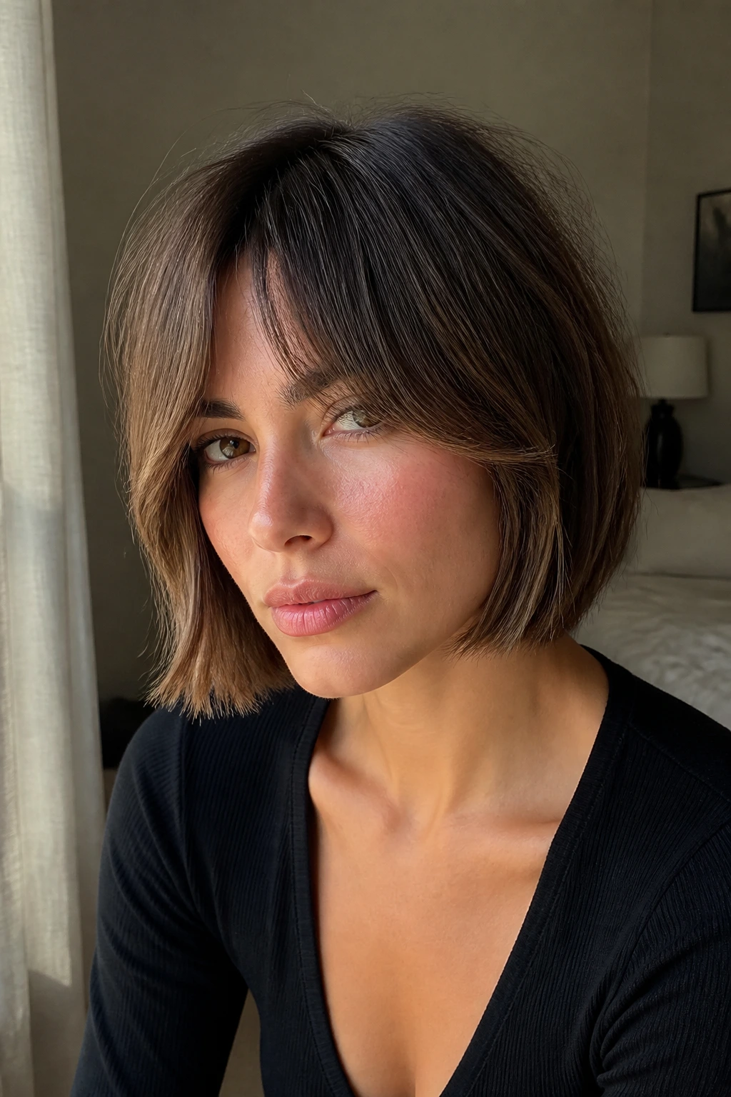 Portrait of a real woman with curtain bangs and jaw-opening bob angles in natural light