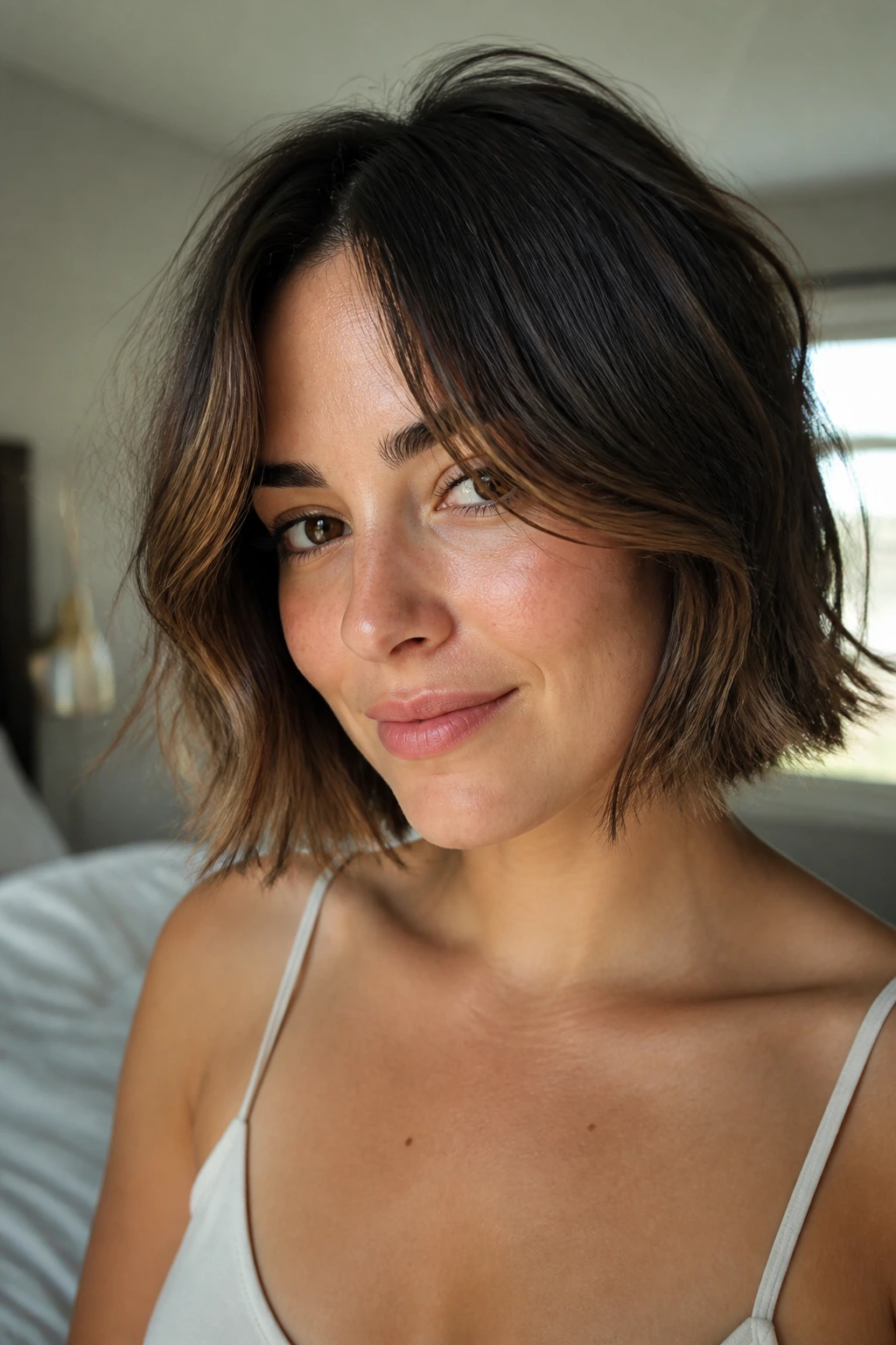 Real woman with curtain-bang bob showing soft split bangs framing the face