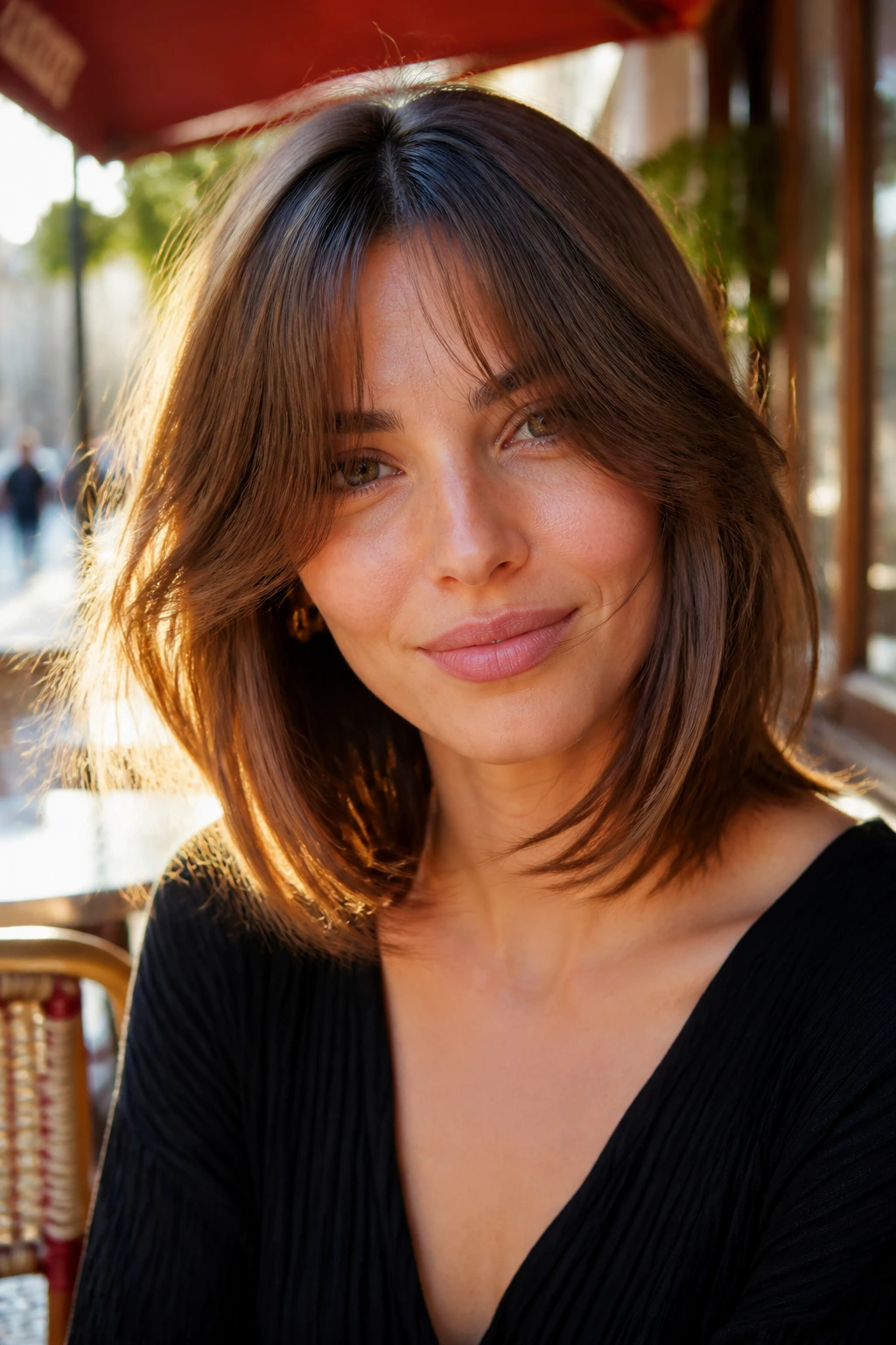 Portrait of a woman with curtain-bang bob and airy movement in sunlight