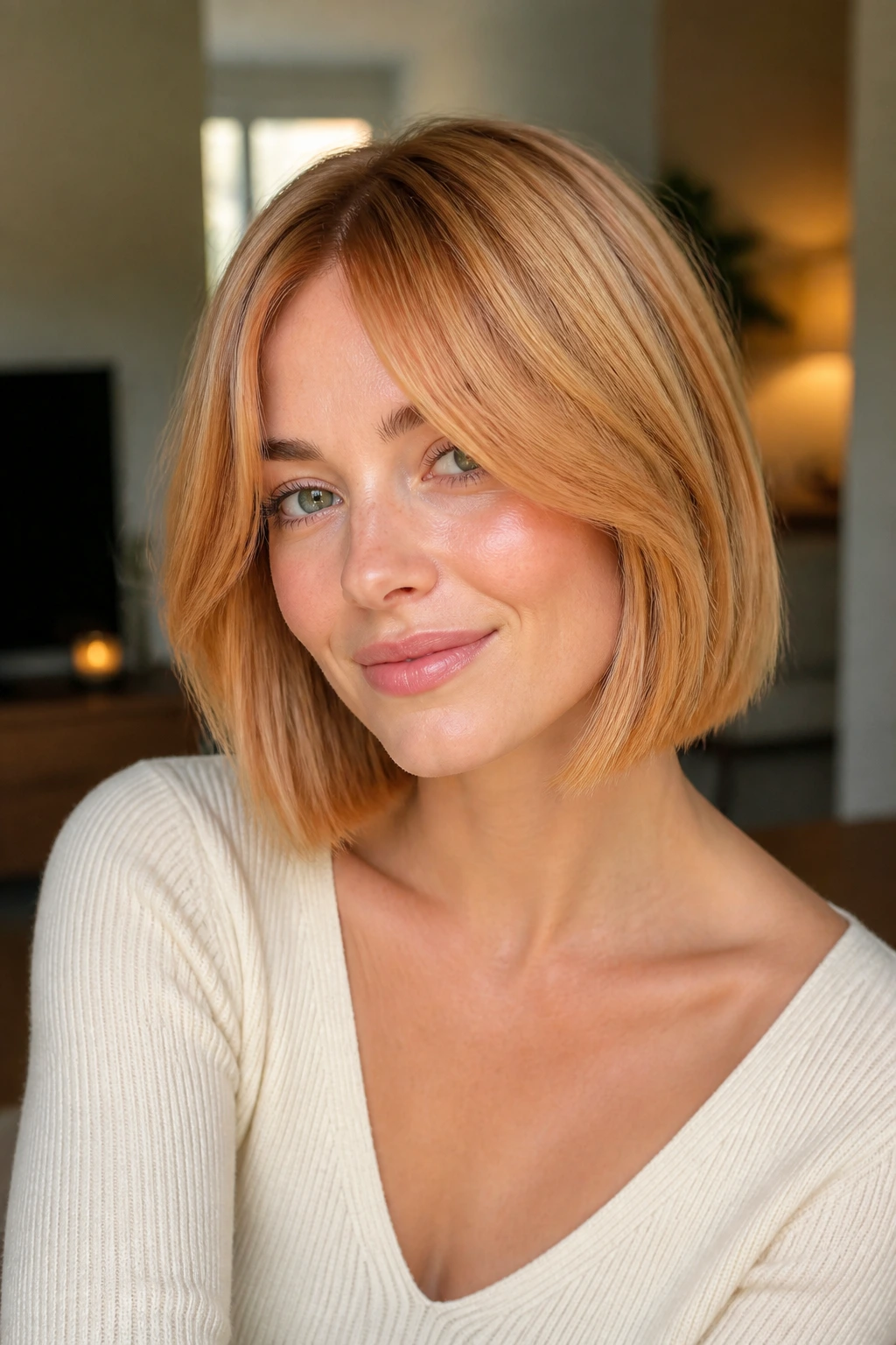 Close-up of real woman with curtain-bang bob in apricot strawberry blonde