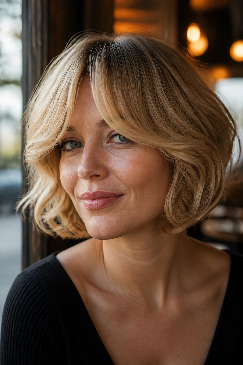 Close-up of real woman with curtain-bang bob and loose underside curls in warm cafe light.
