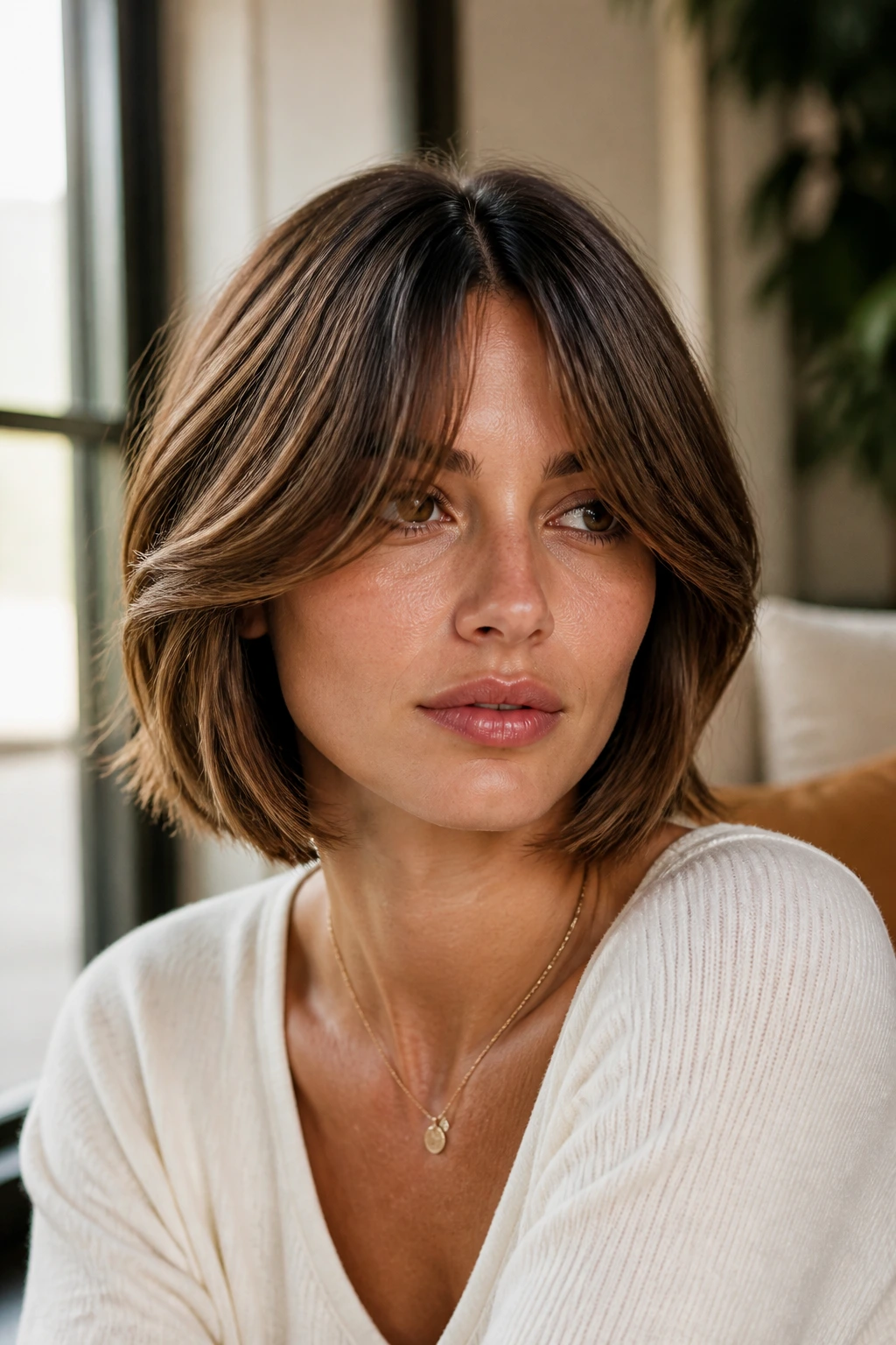 Close-up of a real woman with curtain bangs blending into layered bob