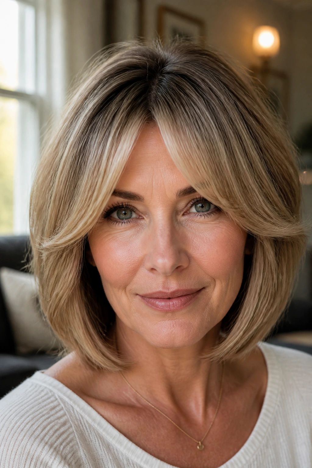 Close-up of a real woman with curtain bangs and cheekbone framing.
