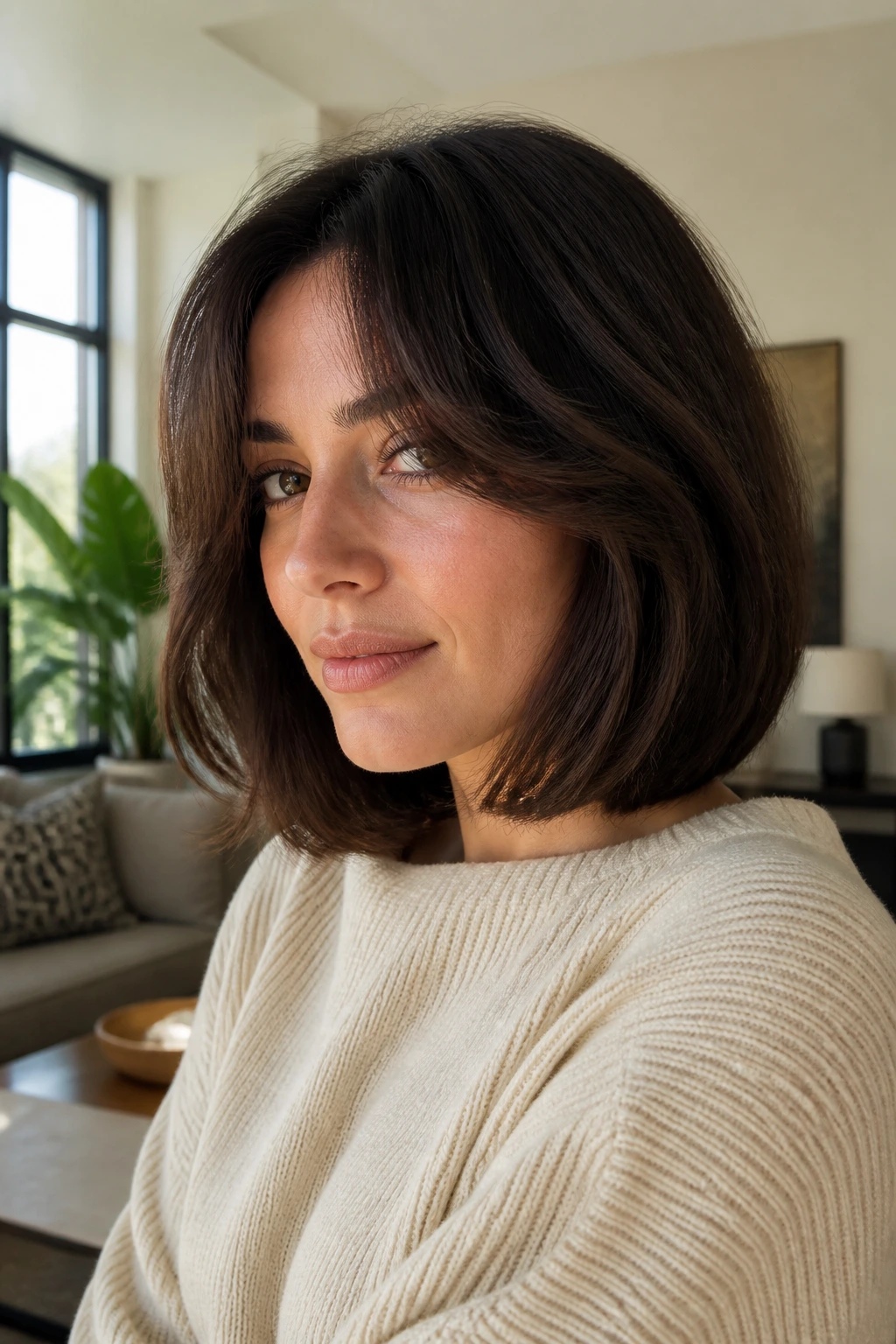 Portrait of woman with curtain bangs and bob cut opening at center