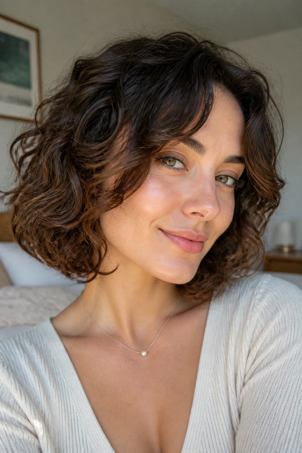 Portrait of a woman with curtain bangs opening the face in a curly bob.