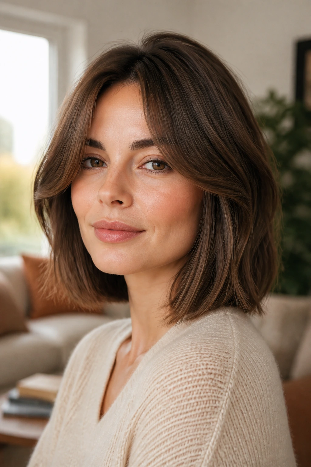 Close-up portrait of a real woman with curtain bangs and a shoulder-length bob in warm window light
