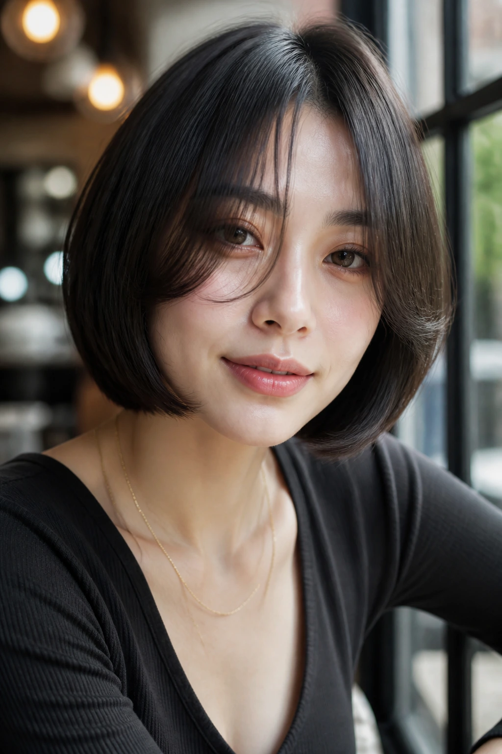 Close-up portrait of a real woman with Curtain-Bang Bob in a sunlit cafe