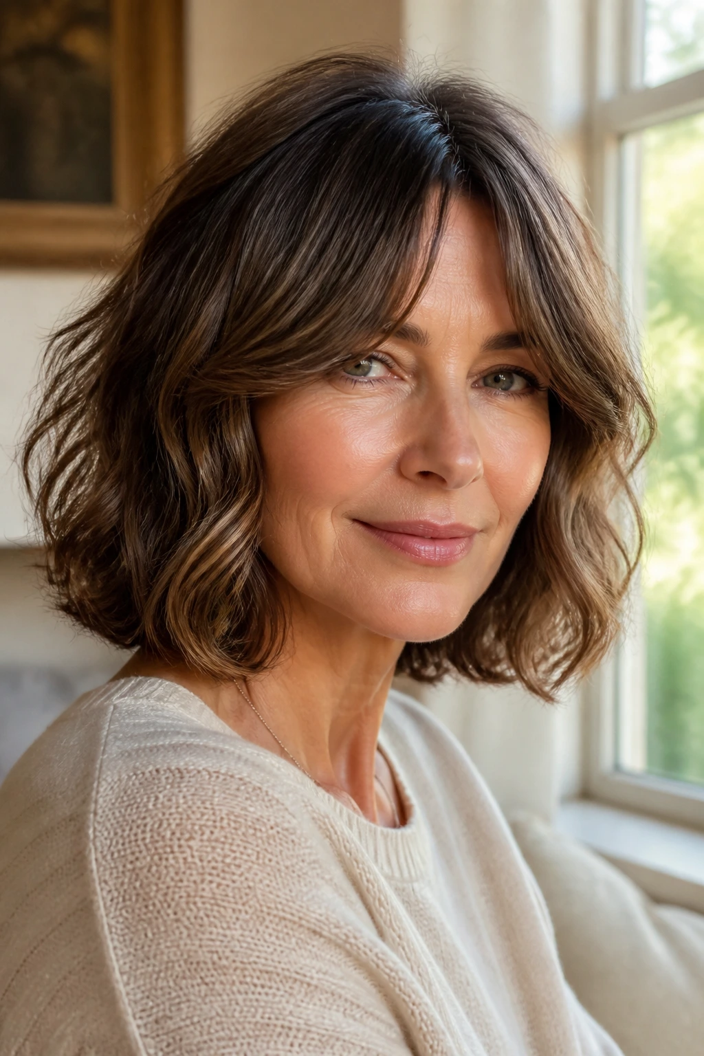 Portrait of a real woman with curtain bangs and a bob that opens the face