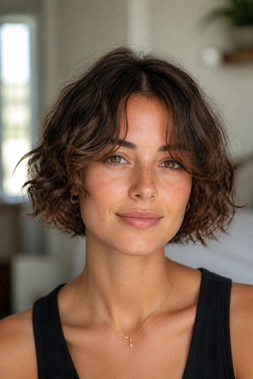 Real person with curtain bangs bob in bright room light