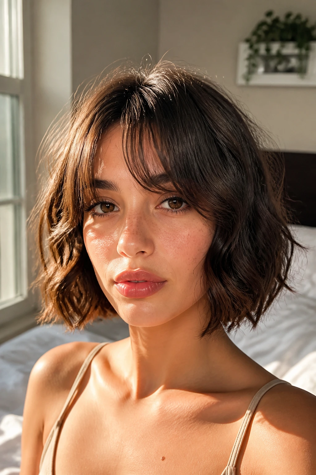 Close-up of a real woman with curtain-Bang Bob hairstyle and soft center-split bangs in warm window light