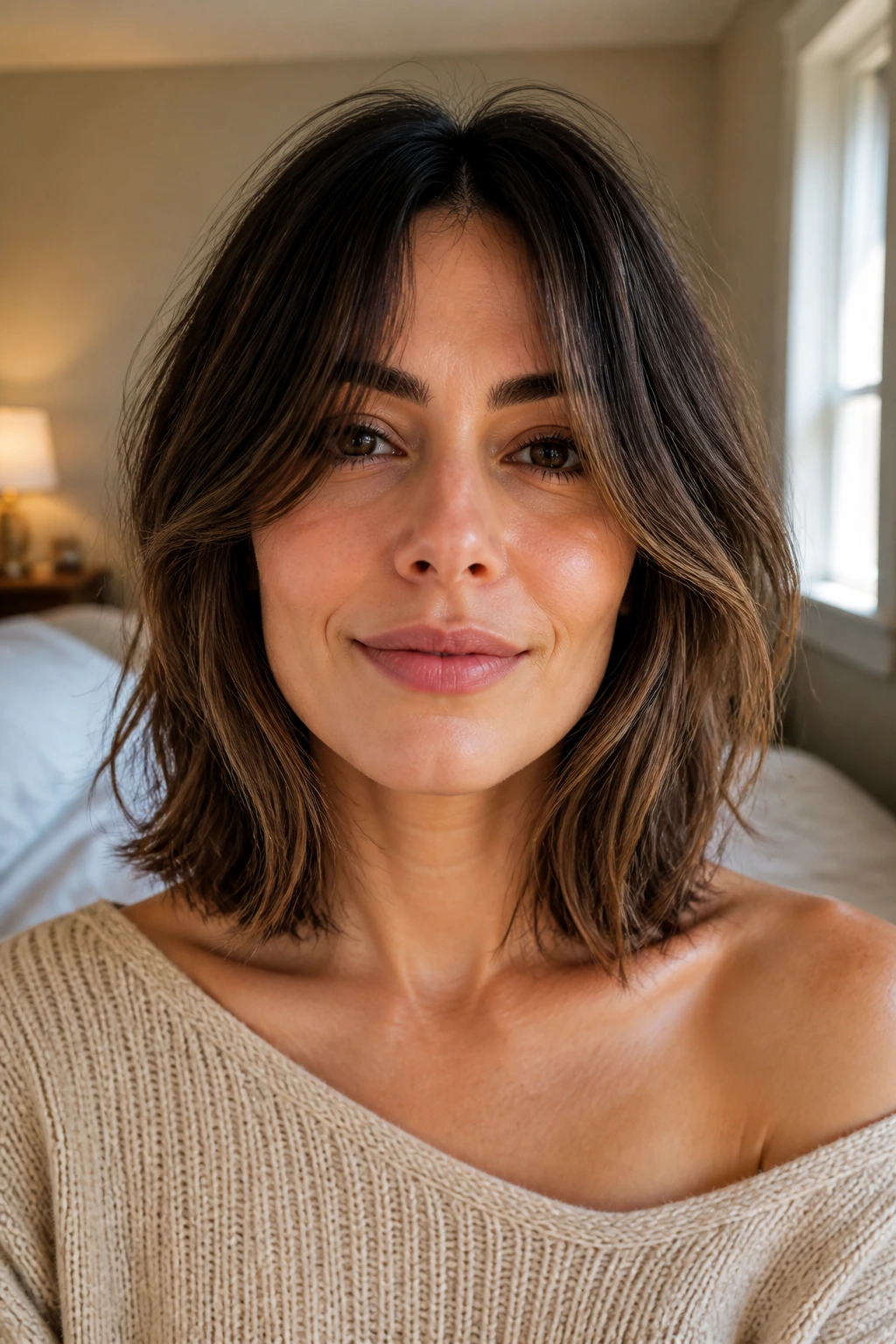 Close-up portrait of a real woman with curtain bangs and collarbone-length lob
