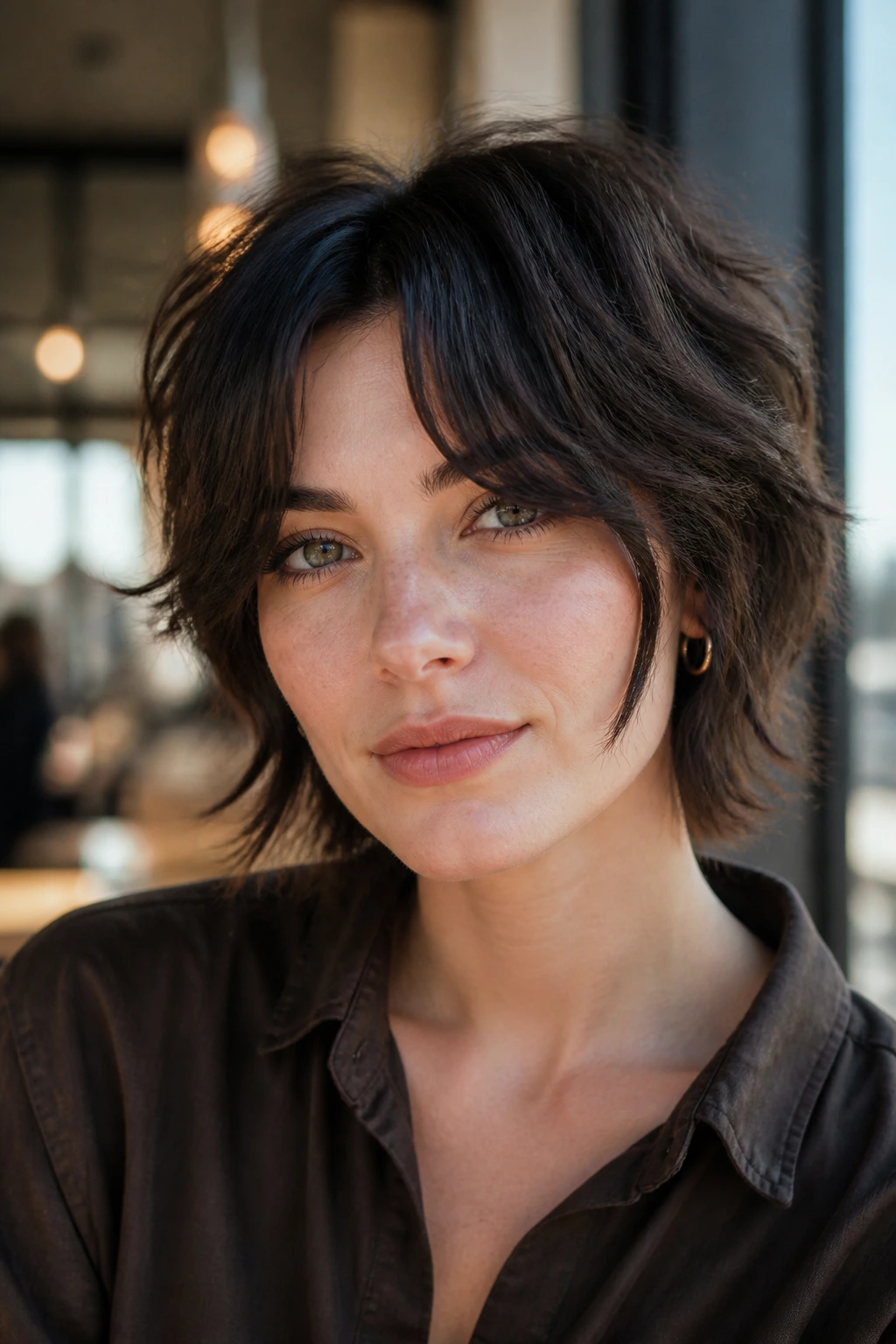 Close-up portrait of a real woman with Curtain-Bang Crop hairstyle and split bangs
