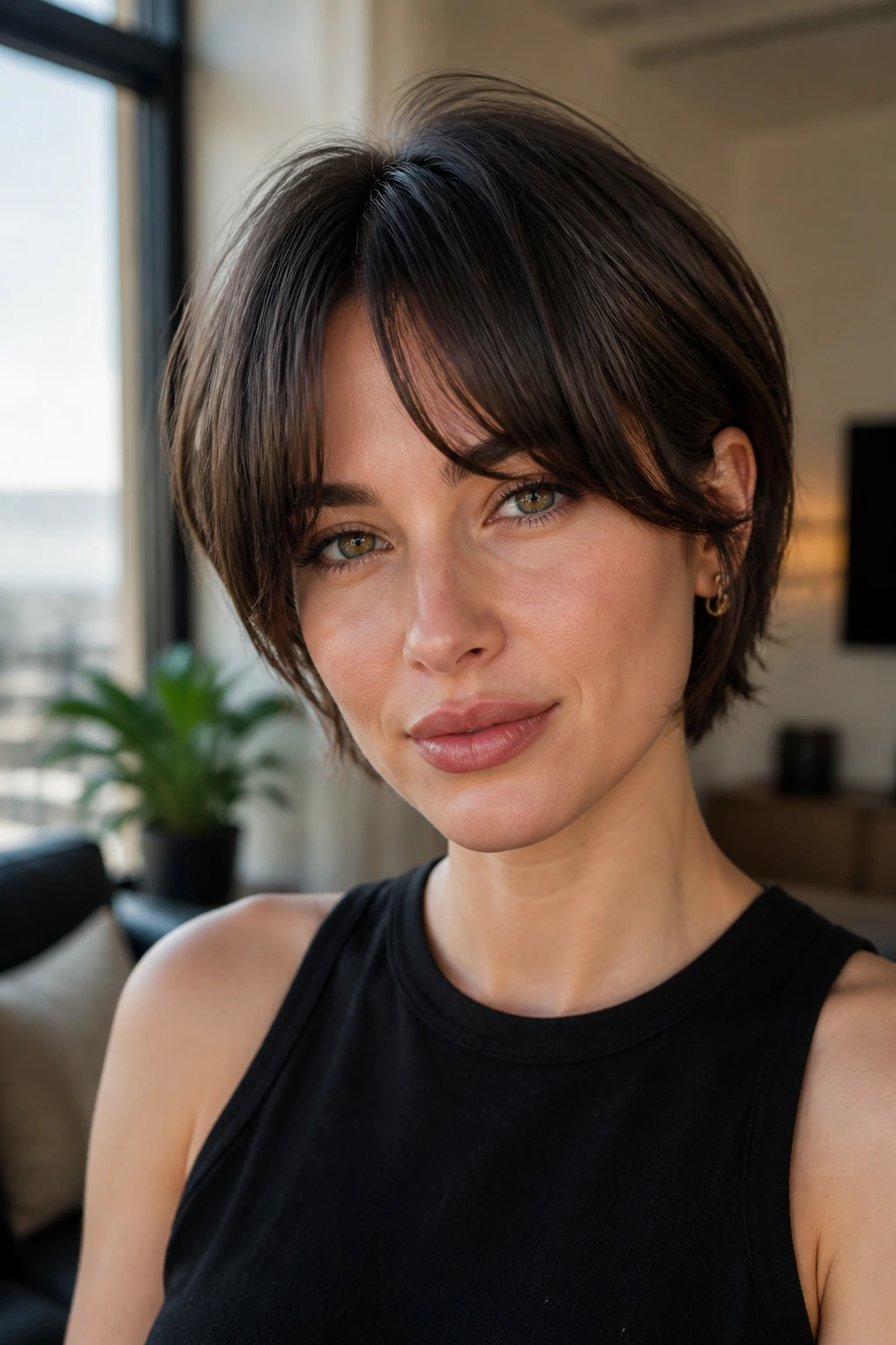 Real woman with curtain-bang crop showing split fringe framing the face