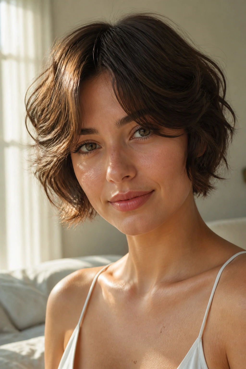 Close-up portrait of a real woman with curtain-bang crop and soft waves