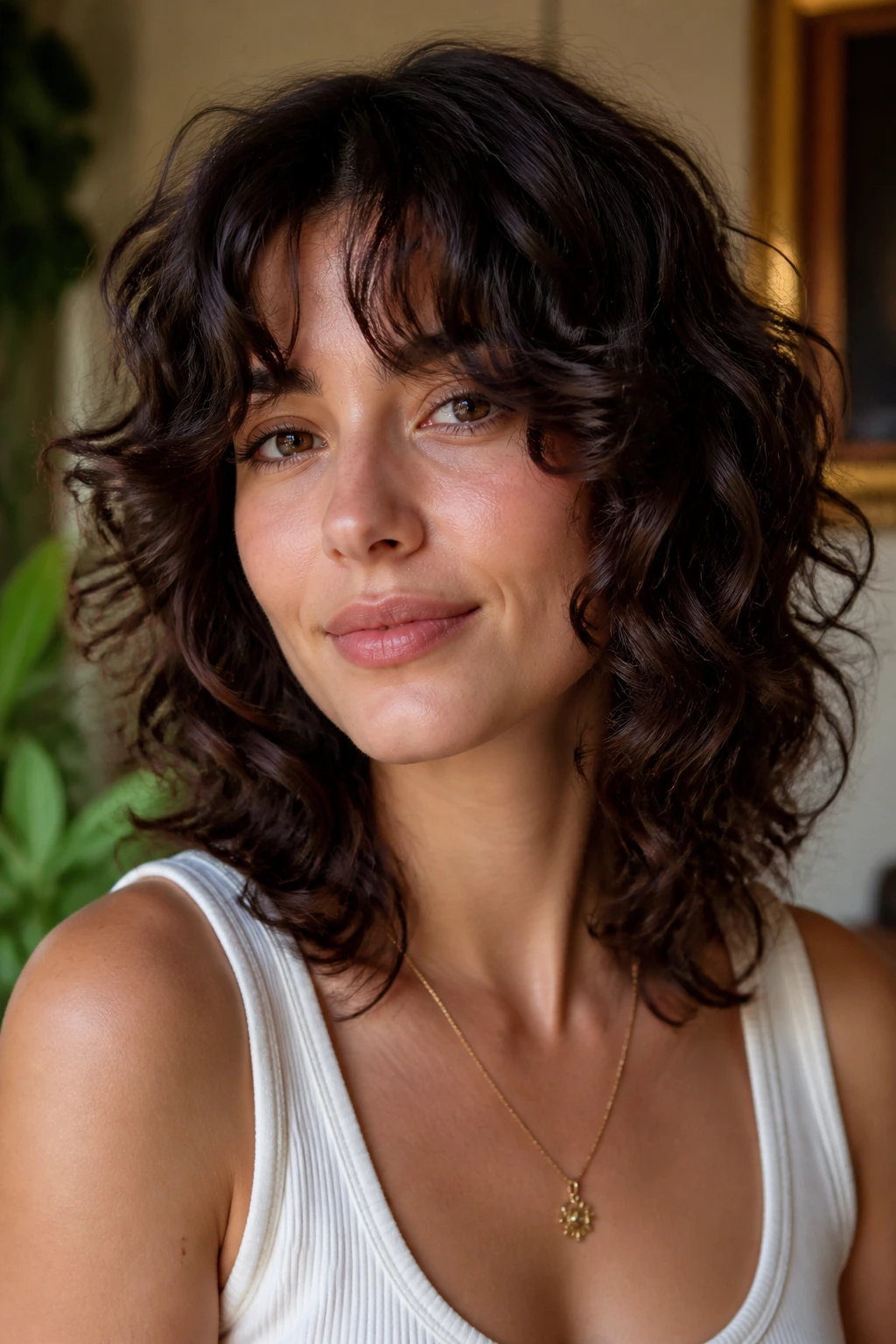 Portrait of woman with curtain-bang curly shag