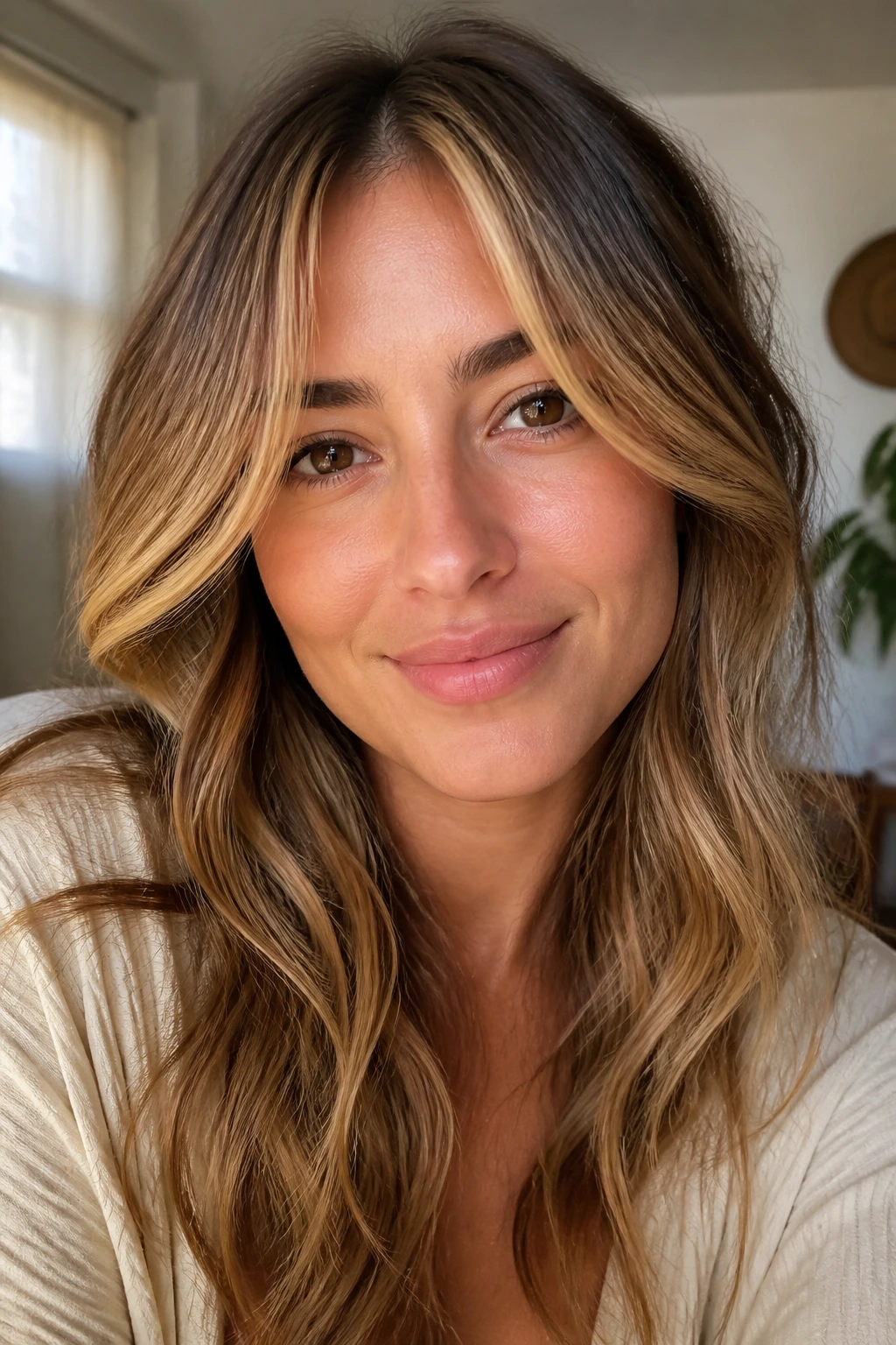 Close-up portrait of a real person with curtain bangs and warm glow highlights