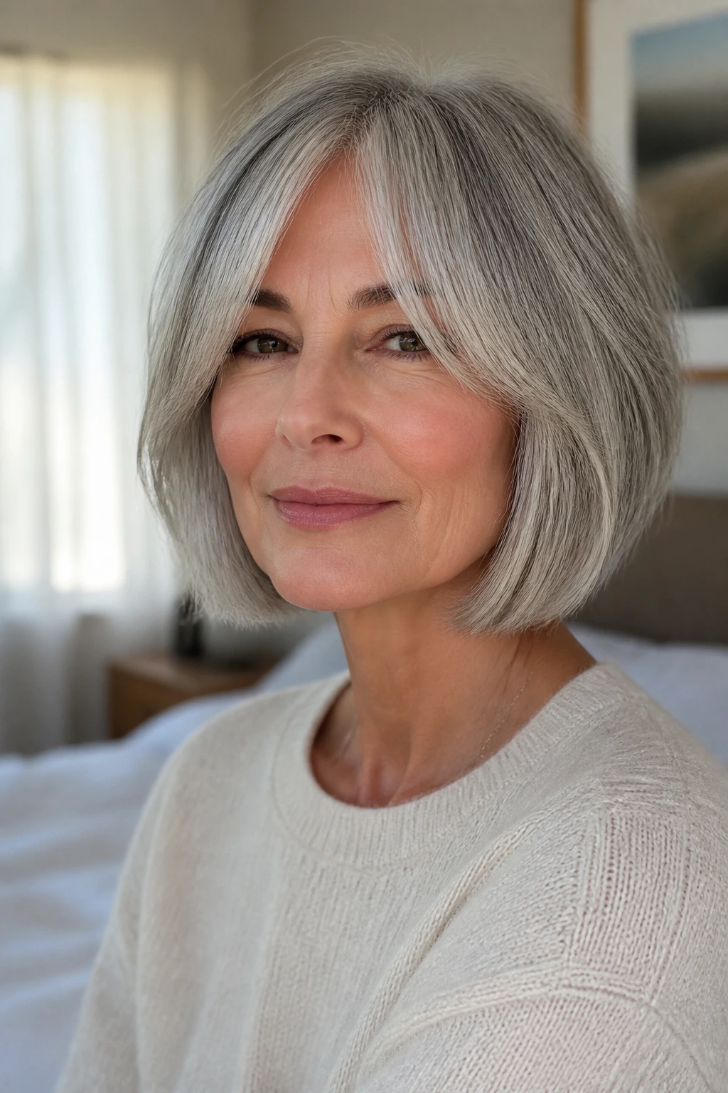Close-up portrait of a real woman with curtain bangs and grey bob in a bright bedroom.